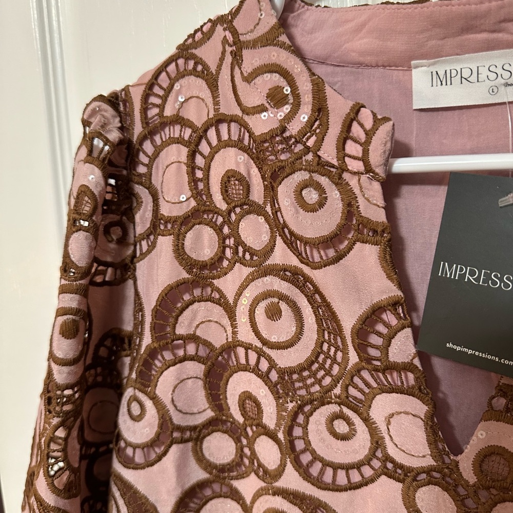IMPRESSIONS Large NWT Fifth Avenue Embroidered Mini Dress Blush With Brown - Picture 5 of 7